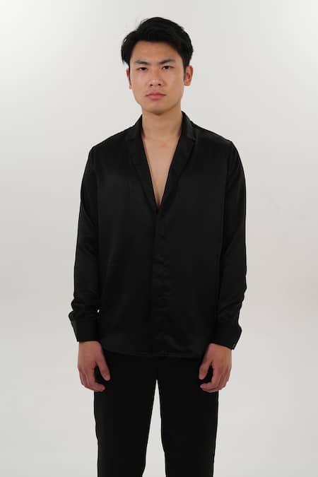 Buy_House of KOA_Black Modal Satin Solid Blazer Shirt _Online_at_Aza_Fashions