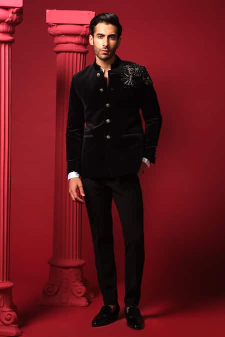 Buy_Amrit Dawani_Black Velvet, Polyester, Cotton Embroidery Floral Bandhgala Set _Online_at_Aza_Fashions