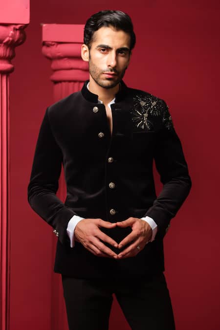 Shop_Amrit Dawani_Black Velvet, Polyester, Cotton Embroidery Floral Bandhgala Set _Online_at_Aza_Fashions