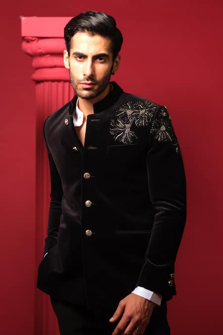 Amrit Dawani_Black Velvet, Polyester, Cotton Embroidery Floral Bandhgala Set _at_Aza_Fashions