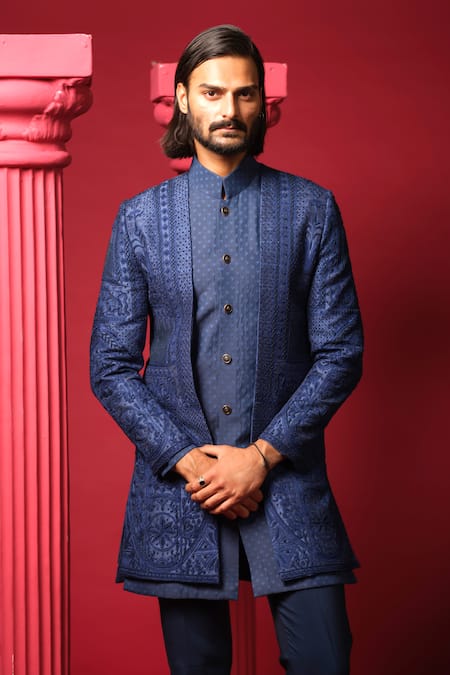 Amrit Dawani_Blue Chanderi, Silk, Polyester Beads, Embroidery Luxe Kurta Jacket Set _Online_at_Aza_Fashions