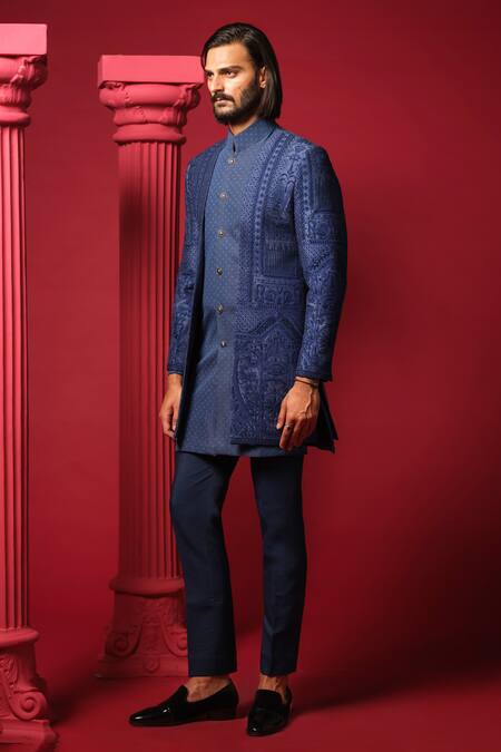 Shop_Amrit Dawani_Blue Chanderi, Silk, Polyester Beads, Embroidery Luxe Kurta Jacket Set _Online_at_Aza_Fashions