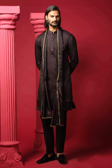 Shop_Amrit Dawani_Black Cotton , Modal, Polyester, Regal Elegance Kurta Set With Stole _Online_at_Aza_Fashions