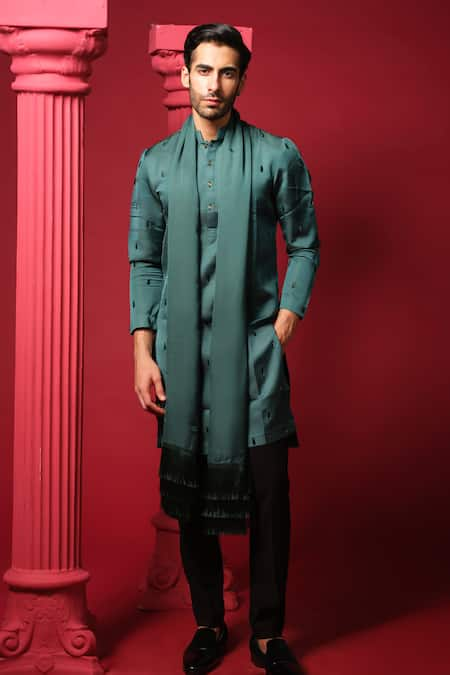 Amrit Dawani Green Kurta Modal Silk Embroidered Salli Set With Stole 