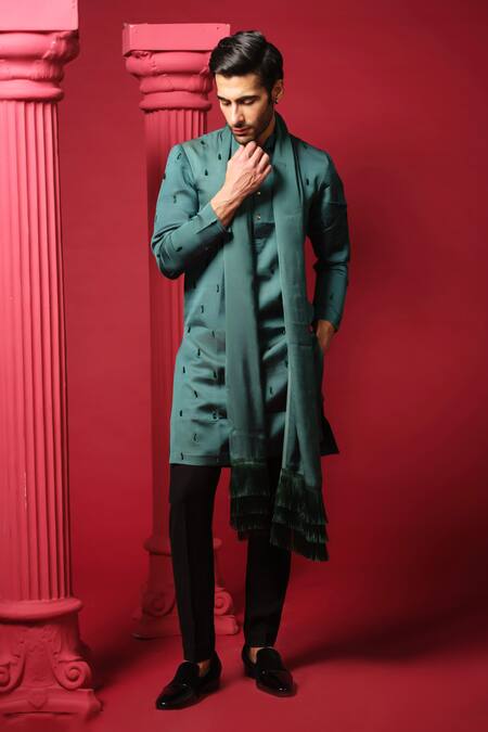 Amrit Dawani_Green Modal, Silk, Polyester, Satin Embroidery Salli Kurta Set With Stole _Online_at_Aza_Fashions