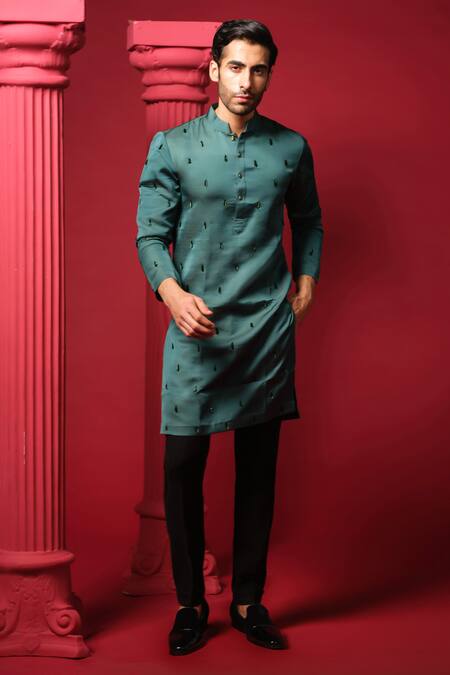 Shop_Amrit Dawani_Green Modal, Silk, Polyester, Satin Embroidery Salli Kurta Set With Stole _Online_at_Aza_Fashions