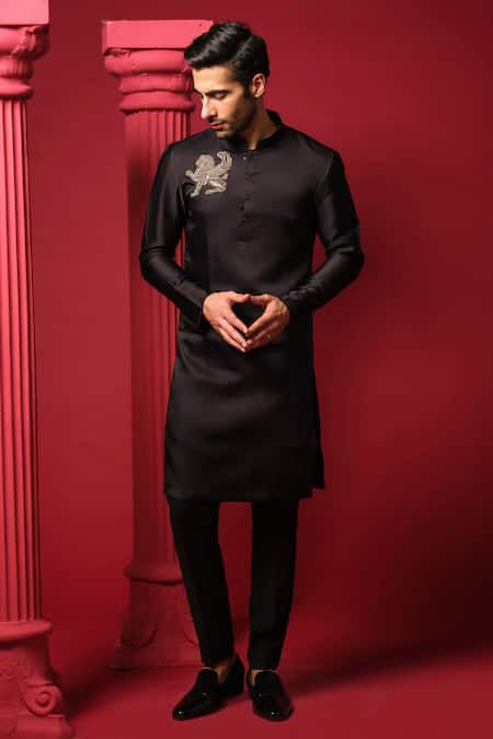 Amrit Dawani Black Kurta Modal Silk Embellished Silver With Trouser 