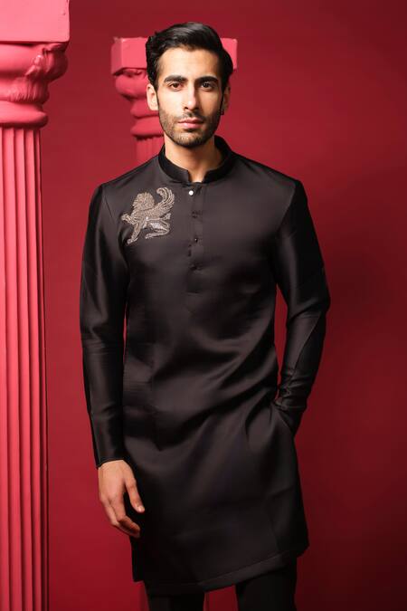 Amrit Dawani_Black Modal, Silk, Polyester Embroidery Embellished Kurta With Trouser _Online_at_Aza_Fashions