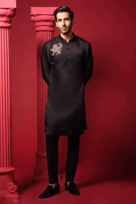 Buy_Amrit Dawani_Black Modal, Silk, Polyester Embroidery Embellished Kurta With Trouser _Online_at_Aza_Fashions