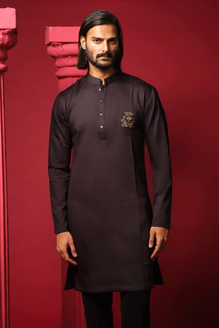 Amrit Dawani_Black Cotton Satin, Polyester Zari Embellished Kurta With Trouser _Online_at_Aza_Fashions
