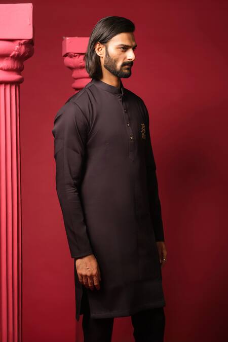 Buy_Amrit Dawani_Black Cotton Satin, Polyester Zari Embellished Kurta With Trouser _Online_at_Aza_Fashions