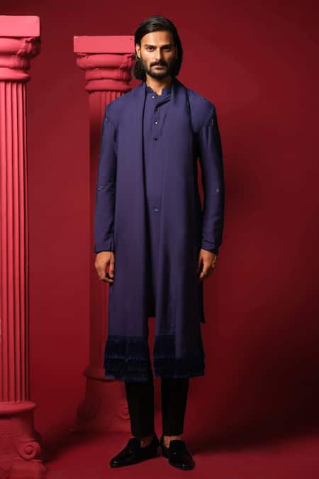 Amrit Dawani_Blue Cotton, Polyester Embroidery Cutpipes Kurta Set With Stole _Online_at_Aza_Fashions