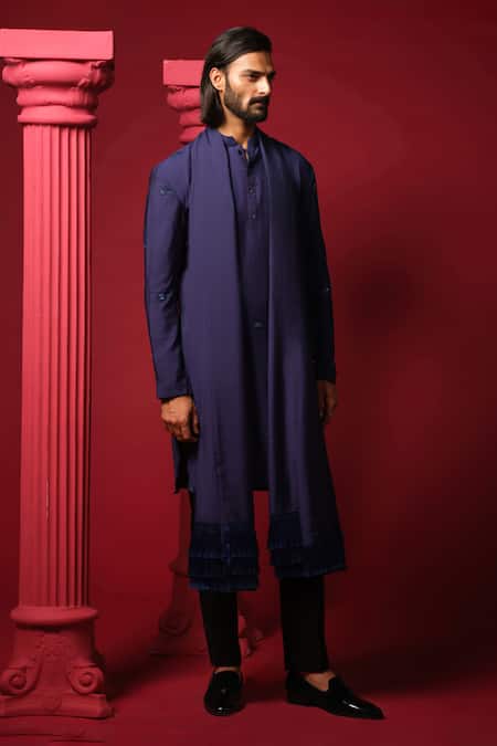 Buy_Amrit Dawani_Blue Cotton, Polyester Embroidery Cutpipes Kurta Set With Stole _Online_at_Aza_Fashions