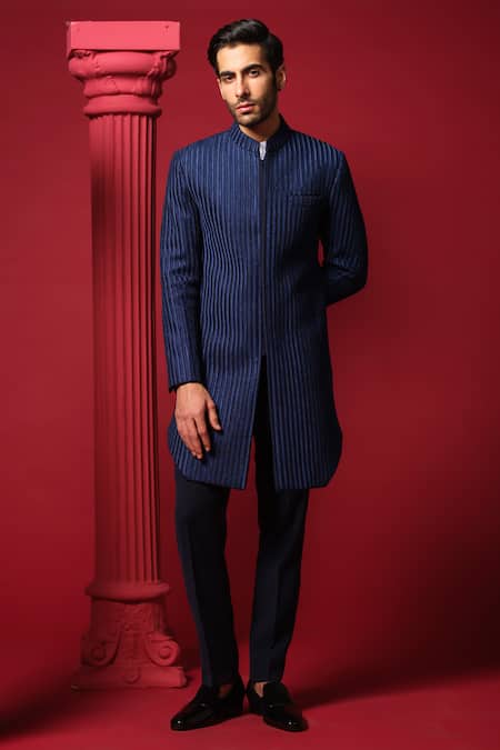 Amrit Dawani_Blue Polyester, Cotton Beads, Embroidery Bandhgala Pant Set _Online_at_Aza_Fashions