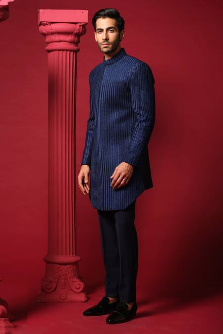 Shop_Amrit Dawani_Blue Polyester, Cotton Beads, Embroidery Bandhgala Pant Set _Online_at_Aza_Fashions