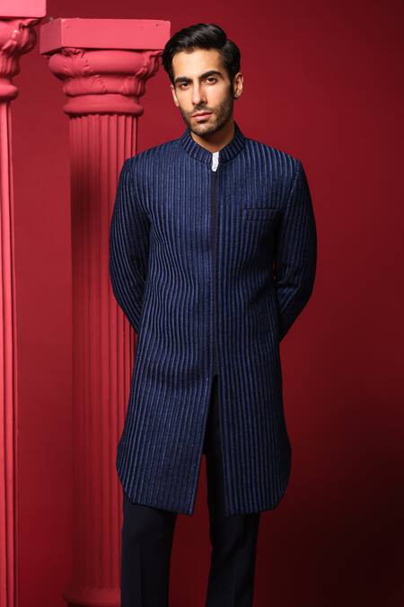 Amrit Dawani_Blue Polyester, Cotton Beads, Embroidery Bandhgala Pant Set _at_Aza_Fashions