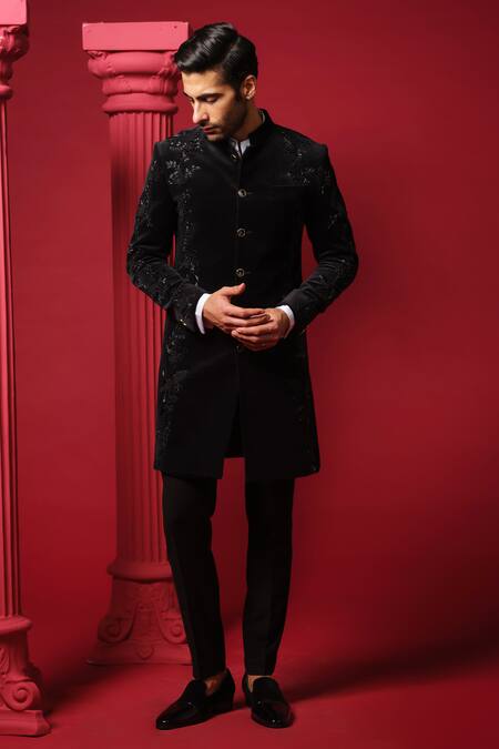 Amrit Dawani_Black Velvet, Cotton, Jersey Beads, Cut Embroidered Kurta Set With Bandhgala _Online_at_Aza_Fashions