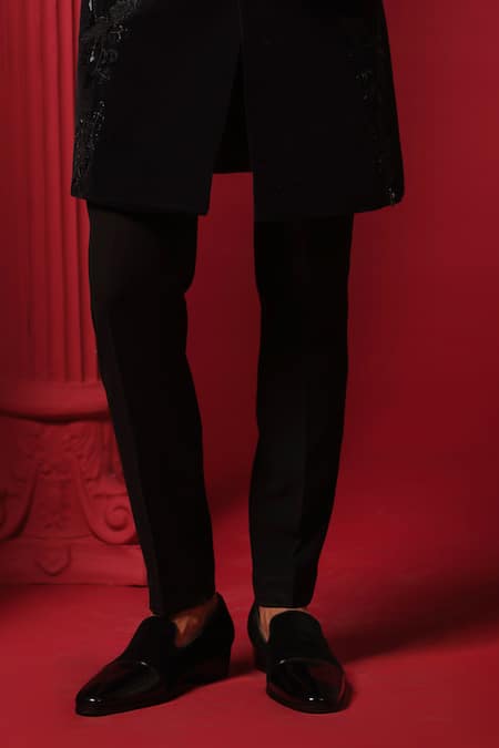 Buy_Amrit Dawani_Black Velvet, Cotton, Jersey Beads, Cut Embroidered Kurta Set With Bandhgala _Online_at_Aza_Fashions