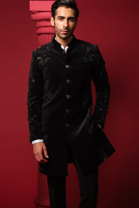 Shop_Amrit Dawani_Black Velvet, Cotton, Jersey Beads, Cut Embroidered Kurta Set With Bandhgala _Online_at_Aza_Fashions