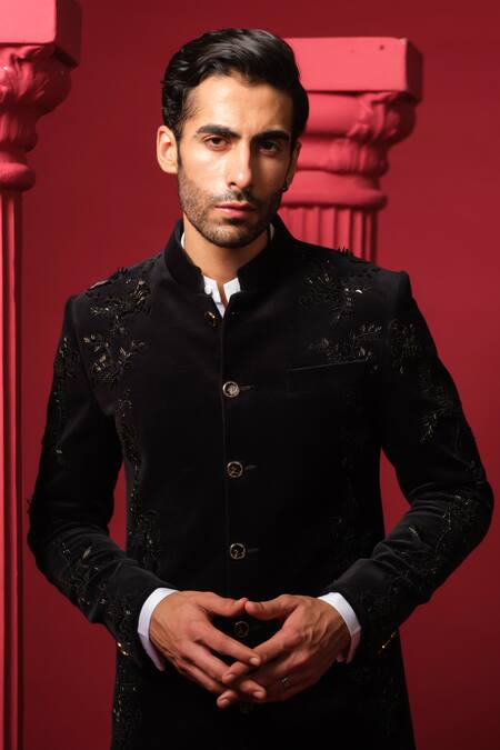 Amrit Dawani_Black Velvet, Cotton, Jersey Beads, Cut Embroidered Kurta Set With Bandhgala _at_Aza_Fashions