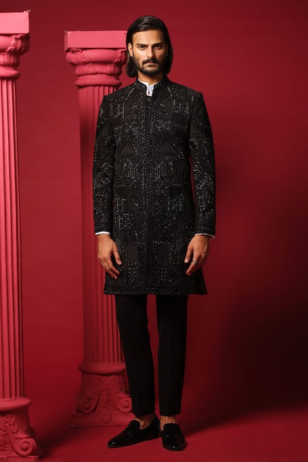 Amrit Dawani Black Shirt Cotton Embroidered Geometric Bandhgala Set 