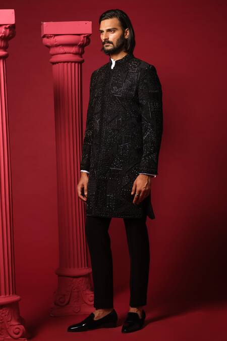 Buy_Amrit Dawani_Black Cotton, Polyester Embroidery Geometric Bandhgala Set _Online_at_Aza_Fashions