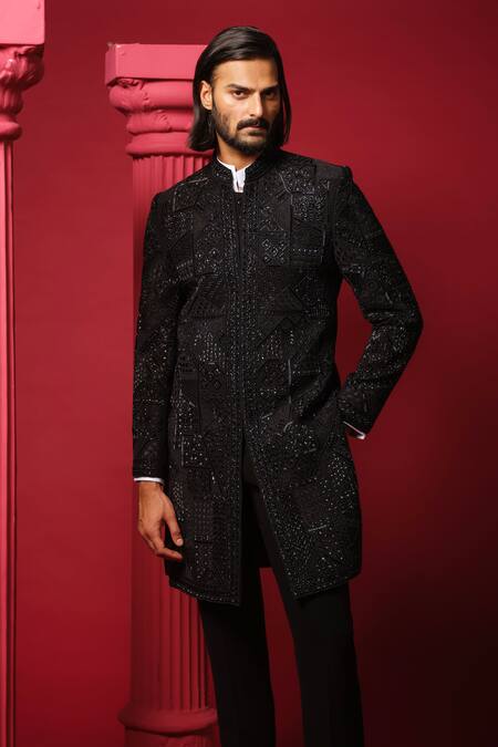 Shop_Amrit Dawani_Black Cotton, Polyester Embroidery Geometric Bandhgala Set _Online_at_Aza_Fashions