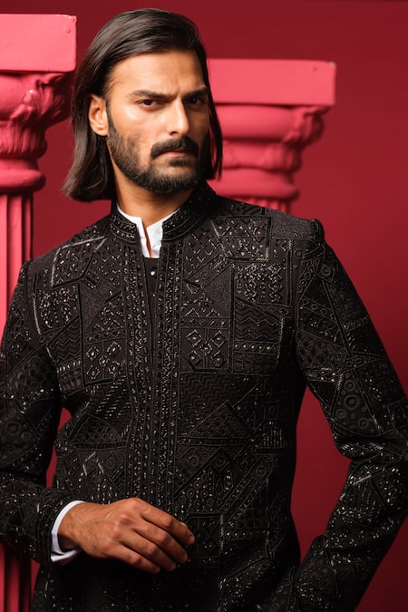 Amrit Dawani_Black Cotton, Polyester Embroidery Geometric Bandhgala Set _at_Aza_Fashions