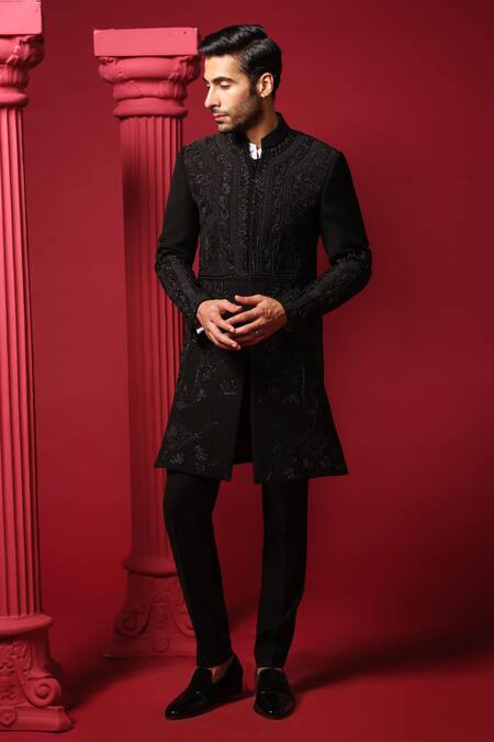 Amrit Dawani_Black Polyester, Cotton Embroidery Floral Geometric Bandhgala Set _Online_at_Aza_Fashions