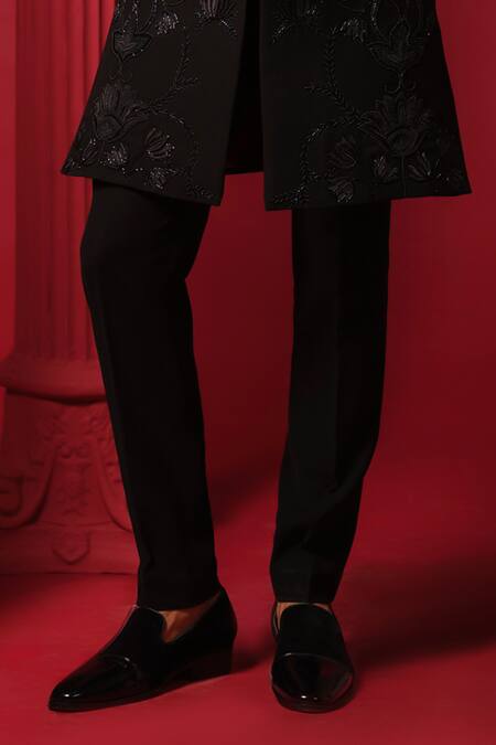 Buy_Amrit Dawani_Black Polyester, Cotton Embroidery Floral Geometric Bandhgala Set _Online_at_Aza_Fashions