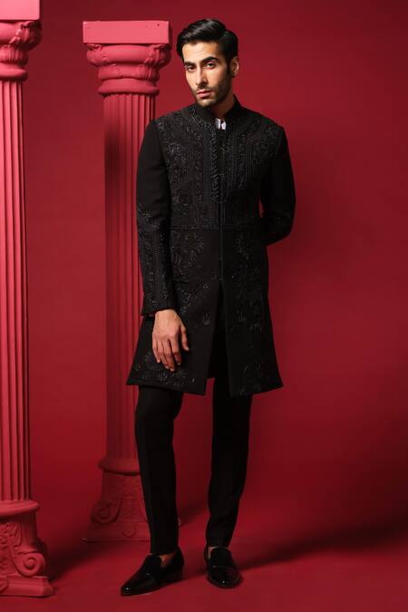 Shop_Amrit Dawani_Black Polyester, Cotton Embroidery Floral Geometric Bandhgala Set _Online_at_Aza_Fashions