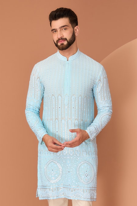 Kasbah_Blue Georgette Sequins, Embroidery Floral Chikankari Kurta _Online_at_Aza_Fashions