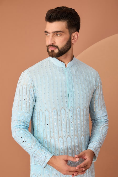 Buy_Kasbah_Blue Georgette Sequins, Embroidery Floral Chikankari Kurta _Online_at_Aza_Fashions