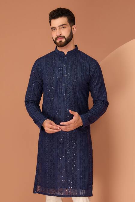 Kasbah_Blue Georgette Sequins Embroidered Kurta_Online_at_Aza_Fashions