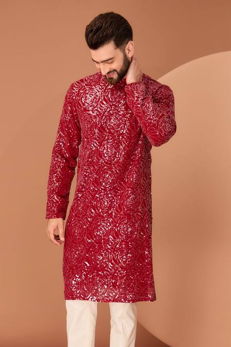 Kasbah_Red Georgette Sequins Abstract Floral Embroidered Kurta_Online_at_Aza_Fashions