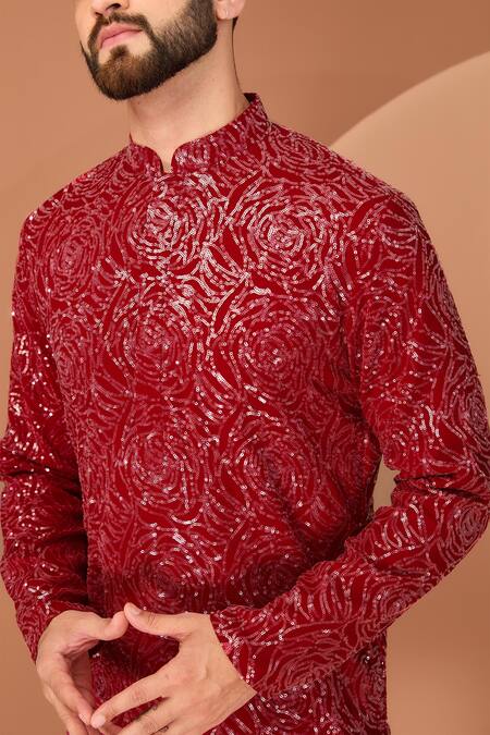Buy_Kasbah_Red Georgette Sequins Abstract Floral Embroidered Kurta_Online_at_Aza_Fashions
