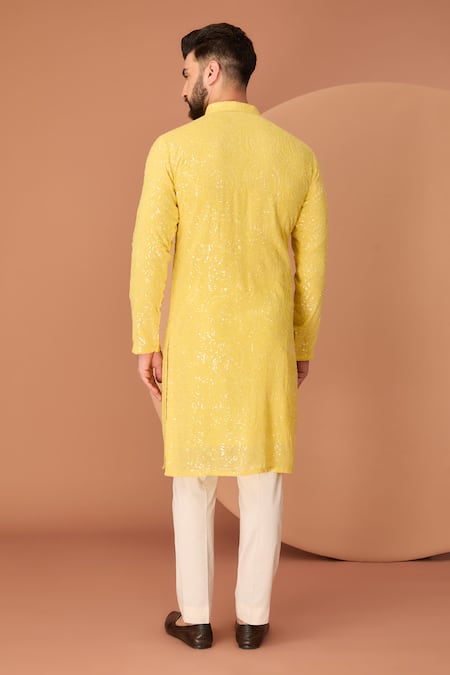 Shop Kasbah Yellow Georgette Sequins, Embroidery Rose Straight Kurta at Aza Fashions Shop_Kasbah_Yellow Georgette Sequins, Embroidery Rose Straight Kurta _at_Aza_Fashions