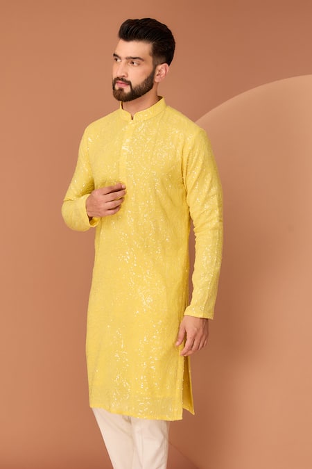 Kasbah Yellow Georgette Sequins, Embroidery Rose Straight Kurta Online at Aza Fashions Kasbah_Yellow Georgette Sequins, Embroidery Rose Straight Kurta _Online_at_Aza_Fashions
