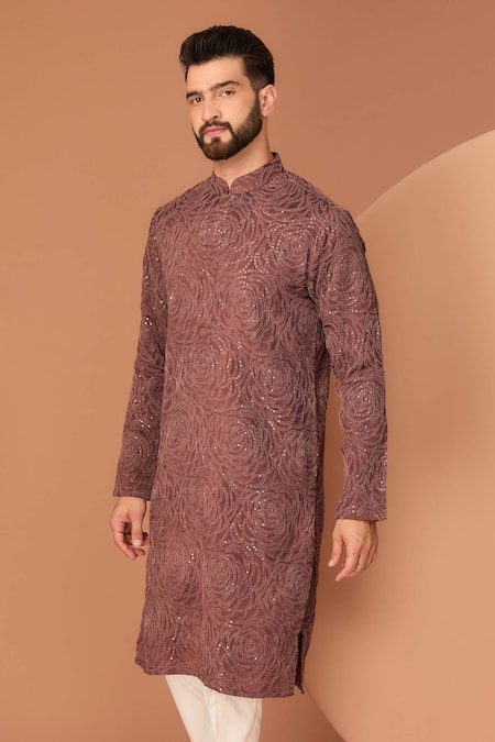 Kasbah_Brown Silk Sequins, Embroidery Abstract Floral Straight Kurta_Online_at_Aza_Fashions