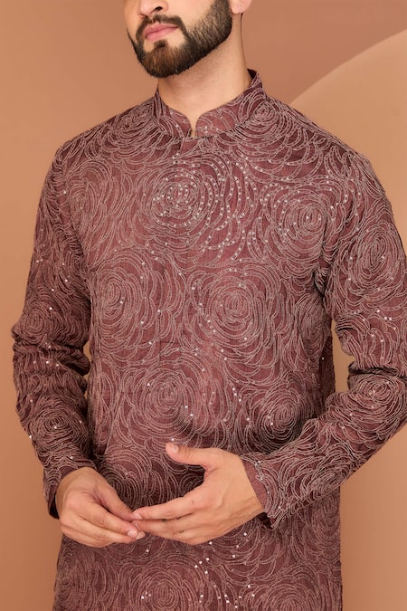 Buy_Kasbah_Brown Silk Sequins, Embroidery Abstract Floral Straight Kurta_Online_at_Aza_Fashions