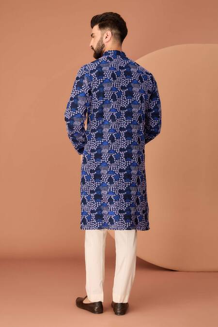 Shop Kasbah Blue Silk, Cotton Embroidery Abstract Floral Thread Kurta at Aza Fashions Shop_Kasbah_Blue Silk, Cotton Embroidery Abstract Floral Thread Kurta_at_Aza_Fashions