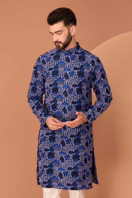 Kasbah Blue Silk, Cotton Embroidery Abstract Floral Thread Kurta Online at Aza Fashions Kasbah_Blue Silk, Cotton Embroidery Abstract Floral Thread Kurta_Online_at_Aza_Fashions