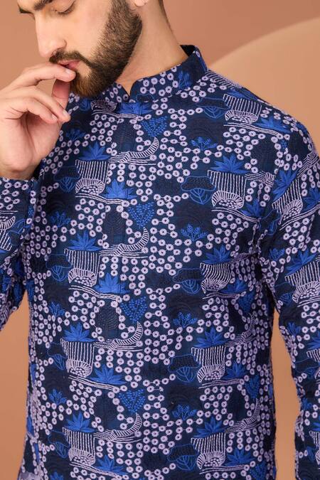 Buy Kasbah Blue Silk, Cotton Embroidery Abstract Floral Thread Kurta Online at Aza Fashions Buy_Kasbah_Blue Silk, Cotton Embroidery Abstract Floral Thread Kurta_Online_at_Aza_Fashions
