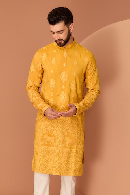 Kasbah Yellow Silk, Cotton Embroidery Ethnic Motif Kurta Online at Aza Fashions Kasbah_Yellow Silk, Cotton Embroidery Ethnic Motif Kurta _Online_at_Aza_Fashions