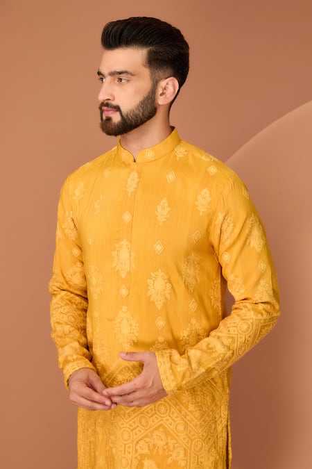 Buy Kasbah Yellow Silk, Cotton Embroidery Ethnic Motif Kurta Online at Aza Fashions Buy_Kasbah_Yellow Silk, Cotton Embroidery Ethnic Motif Kurta _Online_at_Aza_Fashions