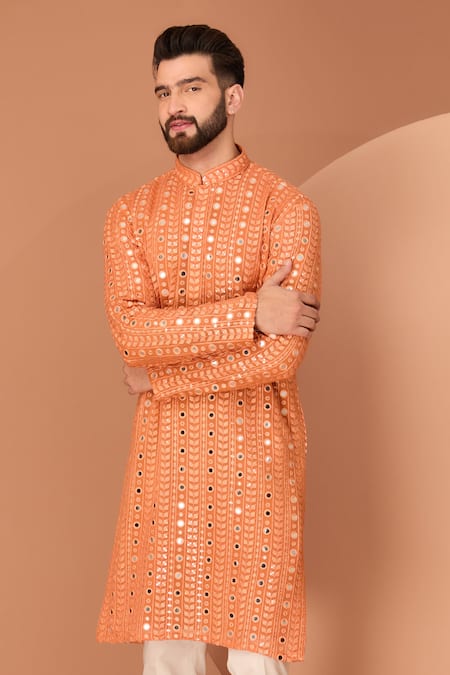 Kasbah_Orange Georgette Mirrors, Embroidery, Foil Printing Straight Kurta _Online_at_Aza_Fashions