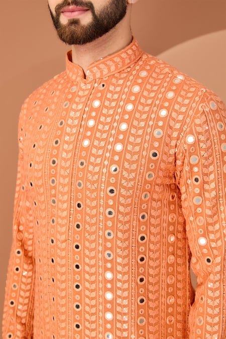 Buy_Kasbah_Orange Georgette Mirrors, Embroidery, Foil Printing Straight Kurta _Online_at_Aza_Fashions