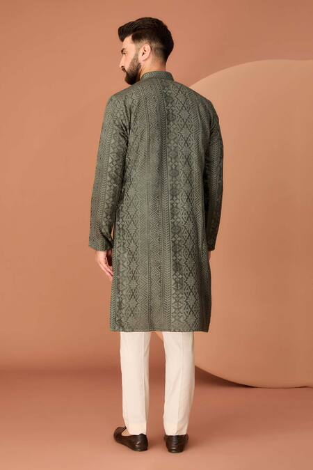 Shop_Kasbah_Green Silk Embroidery Straight Kurta_at_Aza_Fashions
