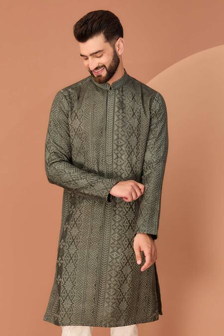 Kasbah_Green Silk Embroidery Straight Kurta_Online_at_Aza_Fashions