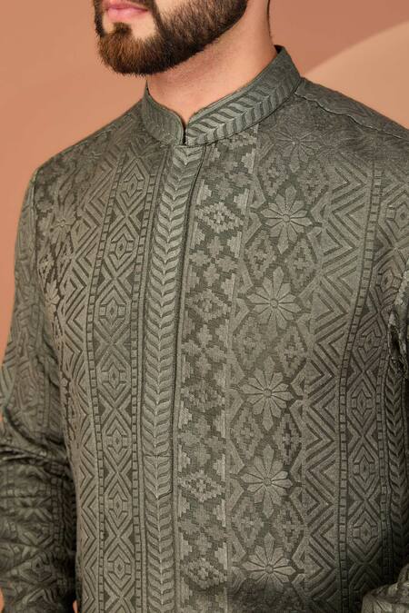 Buy_Kasbah_Green Silk Embroidery Straight Kurta_Online_at_Aza_Fashions